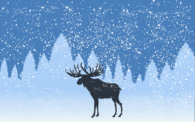 Snowfall. Winter landscape. Deer in a snowy forest - illustration, vector.