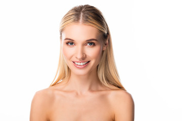 smiling blonde woman with white teeth isolated on white