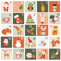 Fototapeta premium Christmas calendar with cute cartoon characters and decorative elements. Xmas Poster. Vector illustrations.