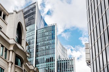 Low angle view of skyscrapers. Looking up perspective. Bottom view of modern skyscrapers in...