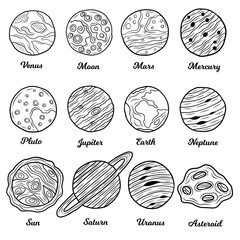 Set with the planets of the solar system isolated on white background. Hand drawn sketch. Vector illustration.
