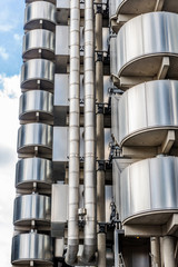 Low angle view of skyscrapers. Looking up perspective. Bottom view of modern skyscrapers in...