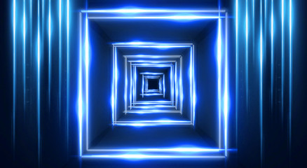 Abstract light tunnel, stage, portal with rays, neon lights and spotlights. Dark empty scene with neon. Abstract blue background, light, smoke. Symmetric reflection, perspective. 3D rendering.