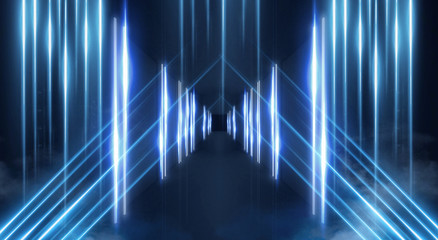 Abstract light tunnel, stage, portal with rays, neon lights and spotlights. Dark empty scene with neon. Abstract blue background, light, smoke. Symmetric reflection, perspective. 3D rendering.