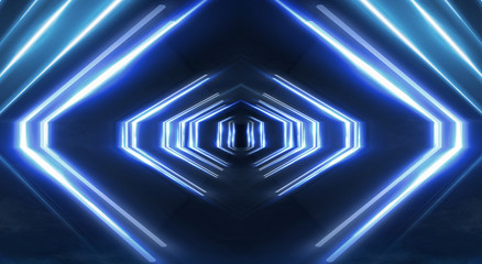Fototapeta premium Abstract light tunnel, stage, portal with rays, neon lights and spotlights. Dark empty scene with neon. Abstract blue background, light, smoke. Symmetric reflection, perspective. 3D rendering.