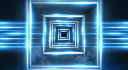 Abstract light tunnel, stage, portal with rays, neon lights and spotlights. Dark empty scene with neon. Abstract blue background, light, smoke. Symmetric reflection, perspective. 3D rendering.