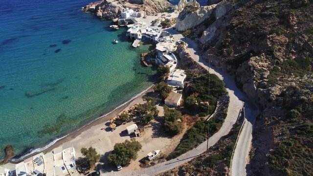 4k Aerial view of Firopotamos beach, Milos, Greece