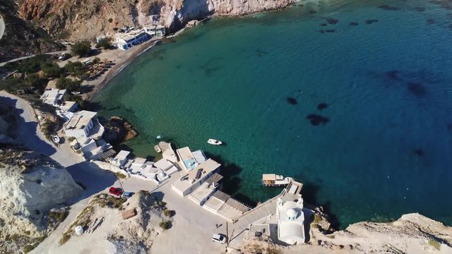 4k Aerial view of Firopotamos beach, Milos, Greece