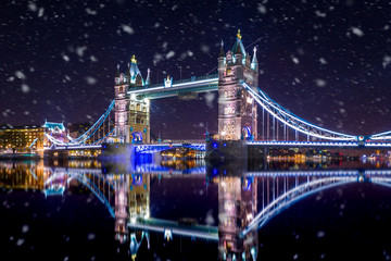 Tower Bridge in London by night ,during a snowstorm
