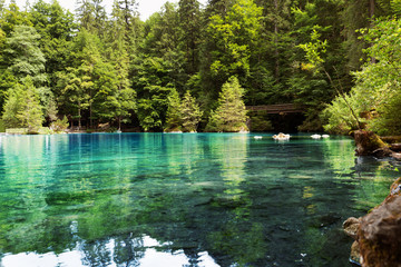 Mountain lake with green and blue water, reflecting the image of very green trees on the banks. Excursion.