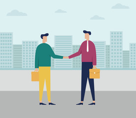 Obraz premium The concept of businessman or office workers - Businessman holding briefcase - skyline city office buildings - Business people shaking hands - Vector illustration in flat style 