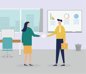 The concept of businessman or office workers - Businessman holding briefcase - Office building interior- Vector illustration in flat style -