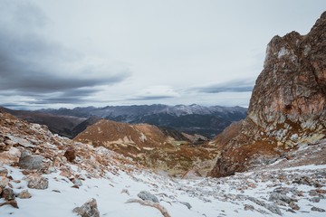 Fototapeta na wymiar cloudscape (snowy mountains, rocks and stones)
