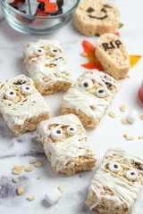 Halloween theme homemade marshmallow crispy rice treat in bar form
