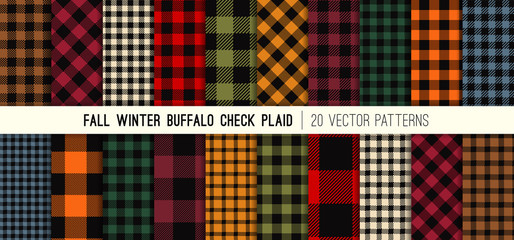 Fall Colors Buffalo Check Plaid Vector Patterns. Autumn Winter Fashion Color Trends. Hipster Lumberjack Flannel Shirt Fabric Textures. Repeating Pattern Tile Swatches Included. - obrazy, fototapety, plakaty