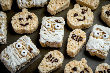 Halloween theme homemade marshmallow crispy rice treat in bar form
