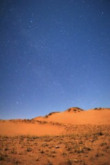 Fototapeta na wymiar Night falls on the orange dunes of the desert under the moonlight and a deep, blue, starry sky.