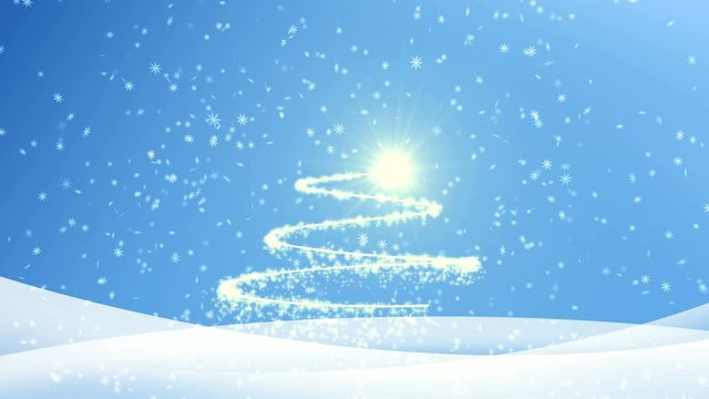 Shining Christmas tree rotating in the right on a blue background. Snowflakes on a blue snowdrift background.