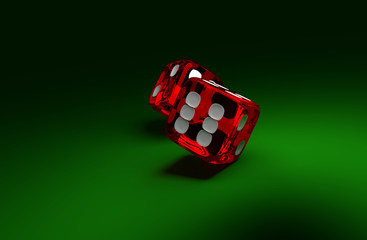 Two rolliing dices on green casino table. Concept of gambling.
