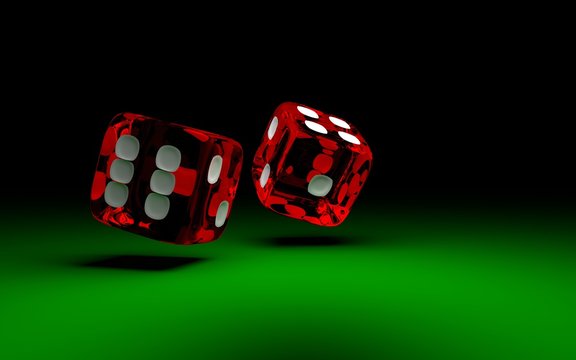 Two rolliing dices on green casino table. Concept of gambling.