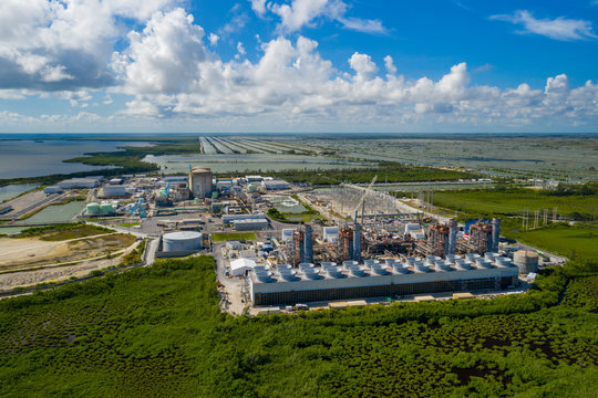 Aerial photo of the Turkey Point Nuclear power generation fusion station reactors Homestead Florida