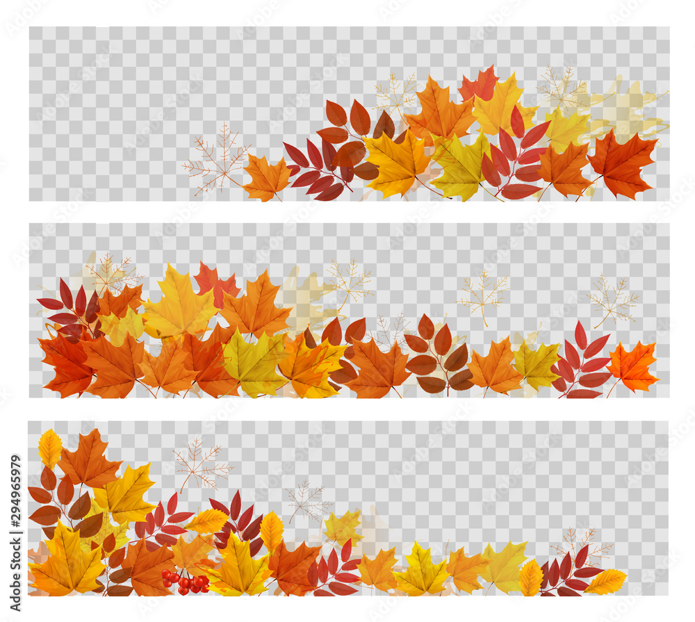 Poster three abstract autumn banners with colorful leaves. vector