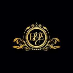 Initial letter HE logo luxury vector mark, gold color elegant classical symmetric curves decor.