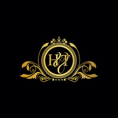 Initial letter HT logo luxury vector mark, gold color elegant classical symmetric curves decor.