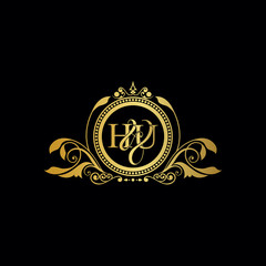 Initial letter HU logo luxury vector mark, gold color elegant classical symmetric curves decor.