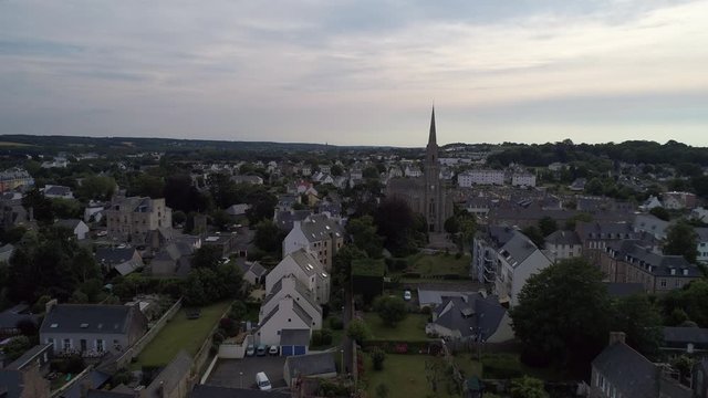 Aerial view. The Catholic Cathedral of Notre Dame in the town of Paimpol in Northern France, in Brittany.