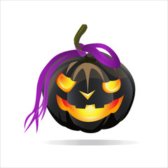 Halloween pumpkin is black with a Flirty purple ribbon. Isolated on white background. Vector illustration