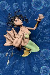 Mermaid Swimming in Sea of Bubbles