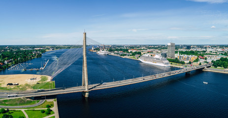 Aerial panoramic view of city Riga, Latvia.