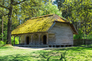 Fototapeta premium Vintage countryside log house with the yard on a sunny summer day.