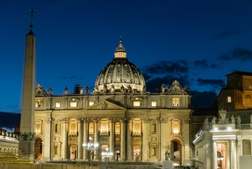 Scenic night view of St. Peter's Cathedral in Rome, Italy