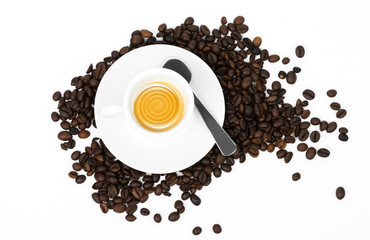 White cup of hot original italian cappuccino, fresh and aromatic coffee, view from top. Isolated on white background.