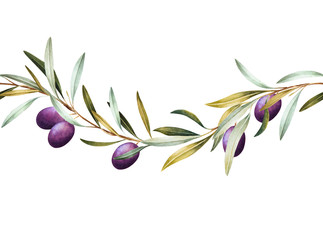Obraz na płótnie Canvas Seamless border of black olive tree branches. Hand drawn watercolor illustration. Decorative design elements.