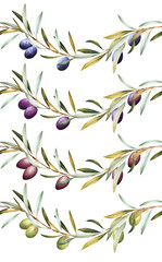 Seamless borders of black, green and kalamata olive tree branches. Hand drawn watercolor illustration. Decorative design elements.