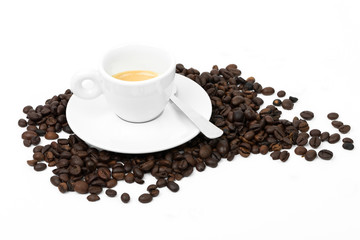 Fototapeta premium White cup of hot original italian cappuccino, fresh and aromatic coffee, view from side. Isolated on white background.