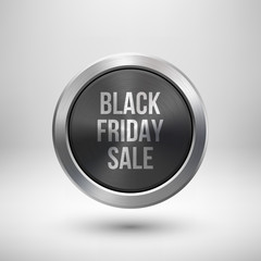 Black friday sale badge, abstract technology circle perforated button with metal texture, chrome, silver, steel and realistic shadow for logo, design concepts, interfaces, apps. Vector illustration.