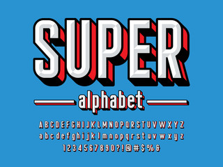 Superhero comic style vector font with uppercase, lowercase, numbers and symbols