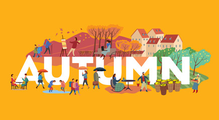 The inscription autumn and various plots. Children go to school, the artist draws a sketch, farmers harvest. Types of autumn activities of people around white letters on a yellow background