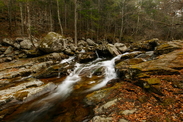 Beautiful landscape. A picturesque stream flows through the autumn forest among small stones.