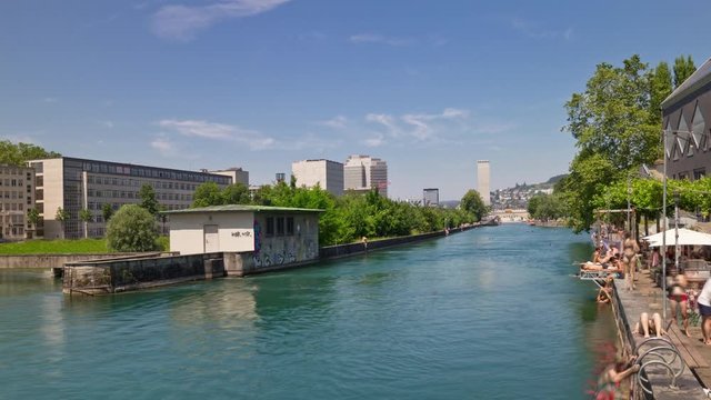 zurich city center sunny day famous river place swimming bay panorama 4k timelapse switzerland