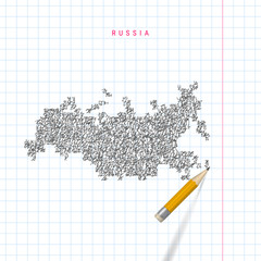 Russia sketch scribble vector map drawn on checkered school notebook paper background