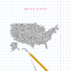 United States sketch scribble vector map drawn on checkered school notebook paper background