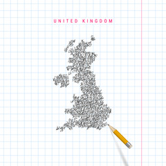 United Kingdom sketch scribble vector map drawn on checkered school notebook paper background