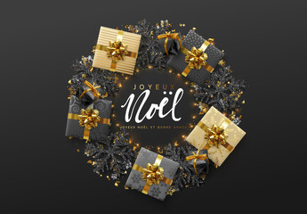 Christmas and New Year festive background. Xmas decoration black snowflakes with glitter, realistic gift box, covered with gold confetti, yellow ring of garland. Greeting card, banner, web poster