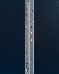 Straight down aerial view of a bridge with cars, Riga, Latvia.
