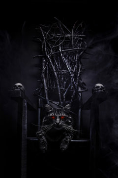 Evil Cat On Witch Throne Made Of Branches.